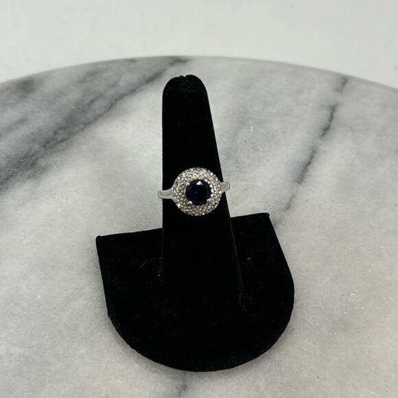 Silver plated blue glass domed halo encrusted ring size 6.5 - Picture 1 of 5